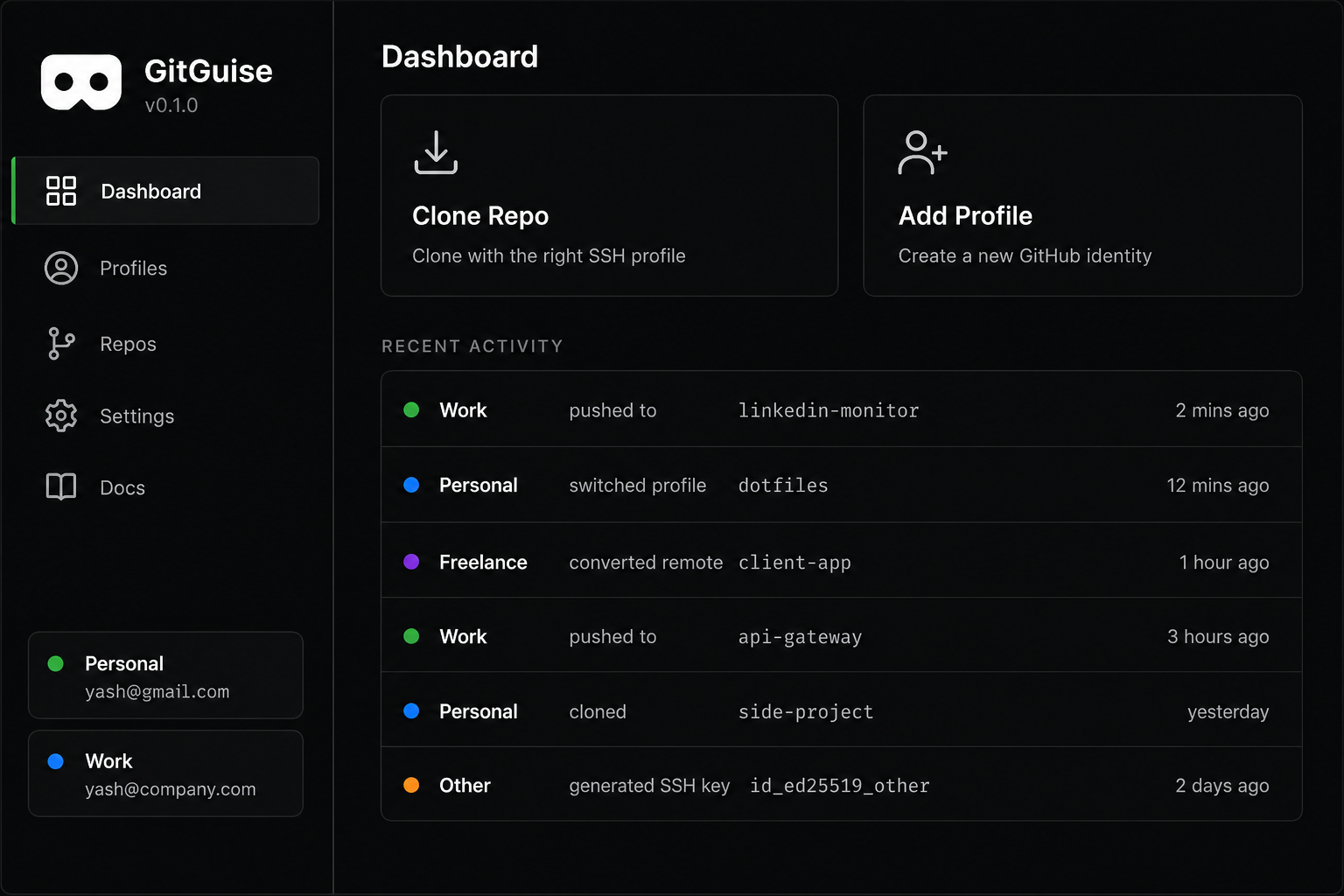GitGuise dashboard showing multiple GitHub profiles